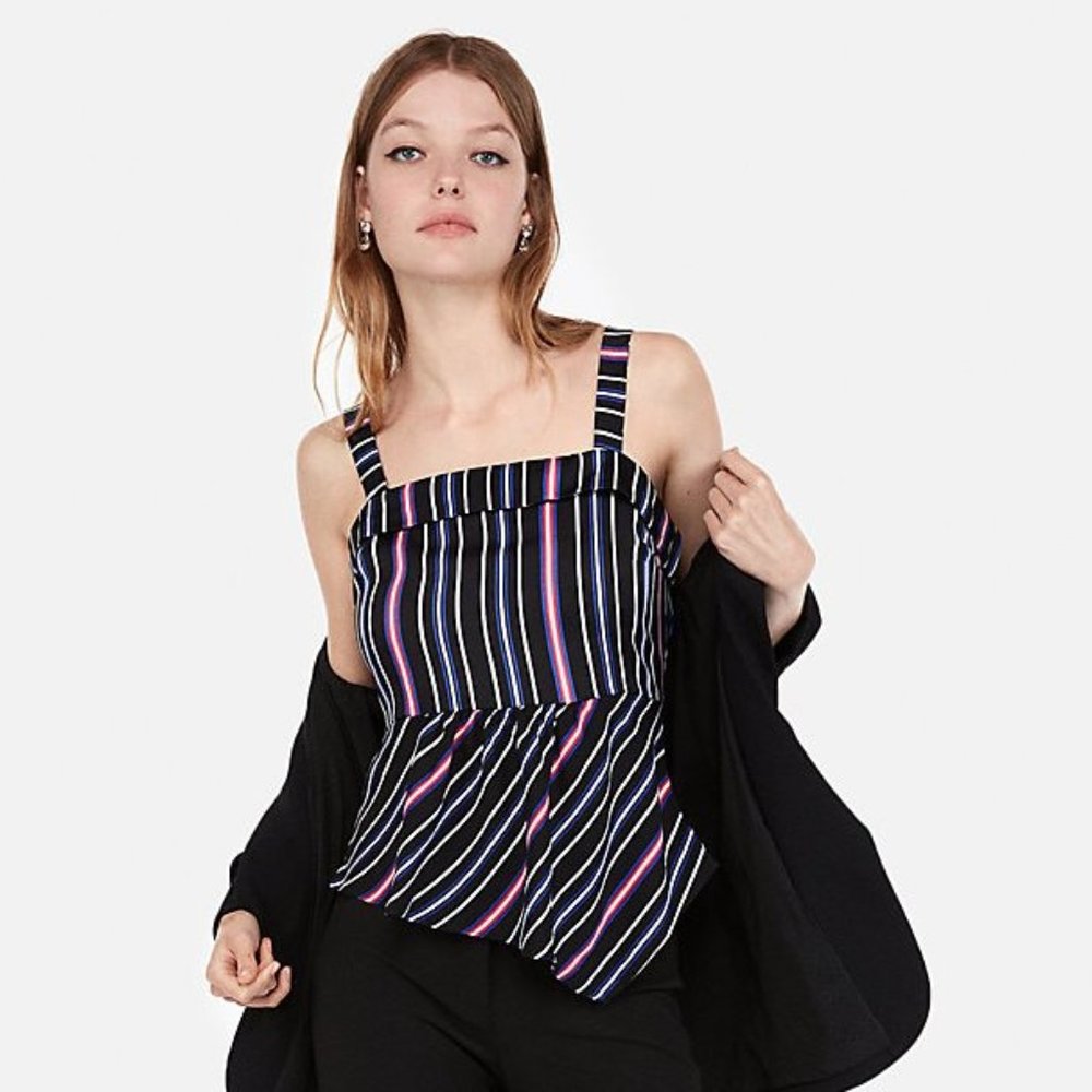 NEW Express womens shirt M black pink stripe asymmetrical tank top blouse white